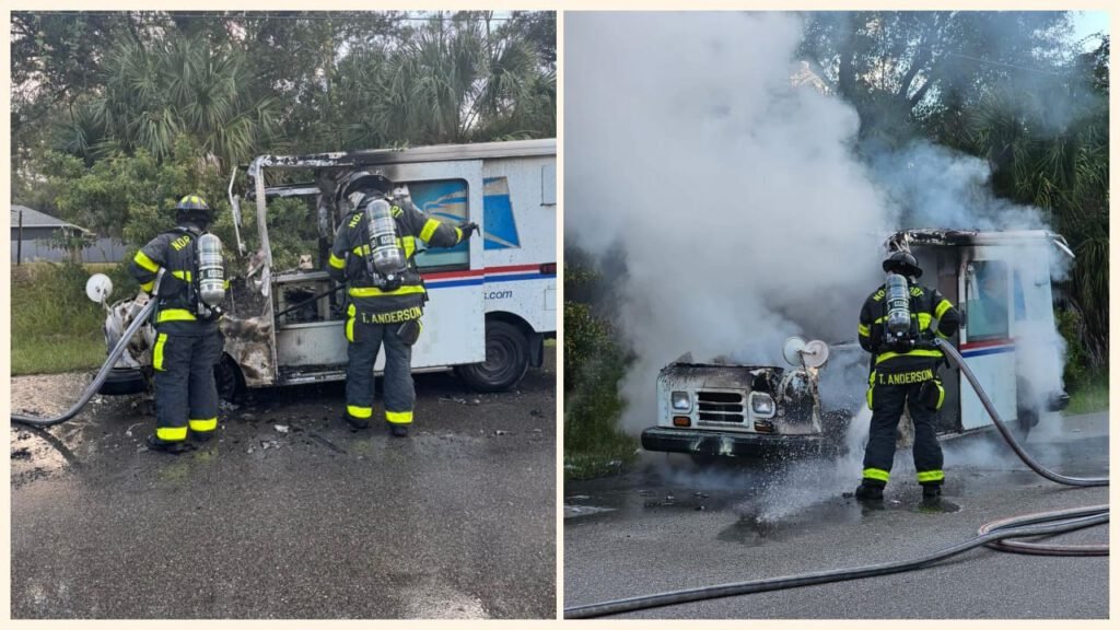 Two firefighters using hoses to extinguish a fire in a damaged mail delivery truck. Smoke is billowing from the vehicle as they work to control the situation on a suburban street.