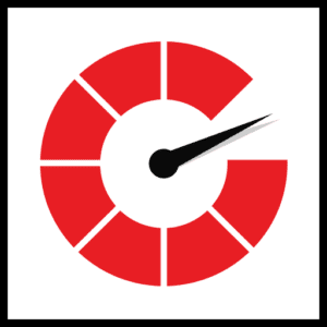 A logo consisting of a circular red gauge with segmented sections and a black needle indicating measurement, set against a white background.