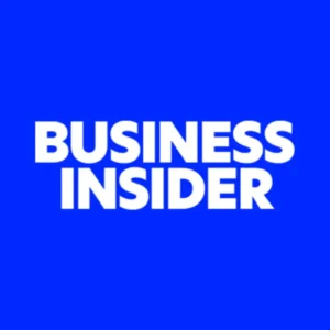 The logo of Business Insider, featuring the words 'BUSINESS INSIDER' in bold white letters on a bright blue background.