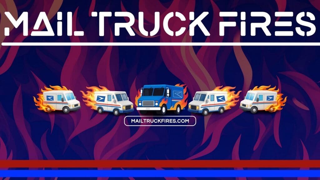 Graphic depicting the text 'MAIL TRUCK FIRES' in bold white letters against a blue and red background. Below, there are cartoonish illustrations of five mail trucks, some with flames, and a central truck surrounded by fire. A website link 'mailtruckfires.com' is centered in the graphic.