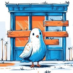 A stylized illustration of a blue bird standing in front of a boarded-up building. The building has orange accents and blue windows, with overgrown grass and weeds around the base.