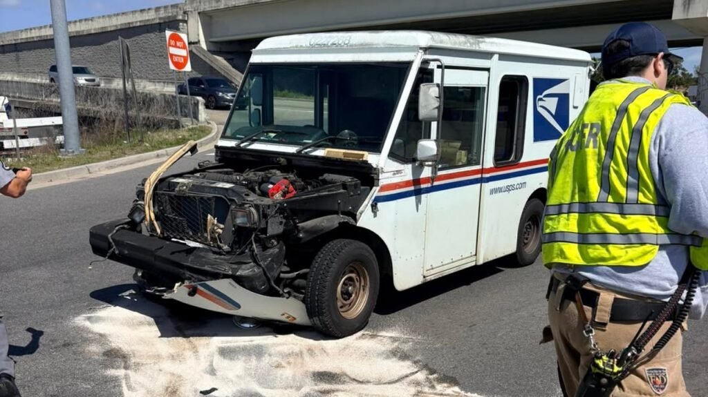A damaged USPS delivery vehicle on the road with its hood open, showing the engine. A person in a safety vest is inspecting the vehicle. The background includes a stop sign and an overpass.