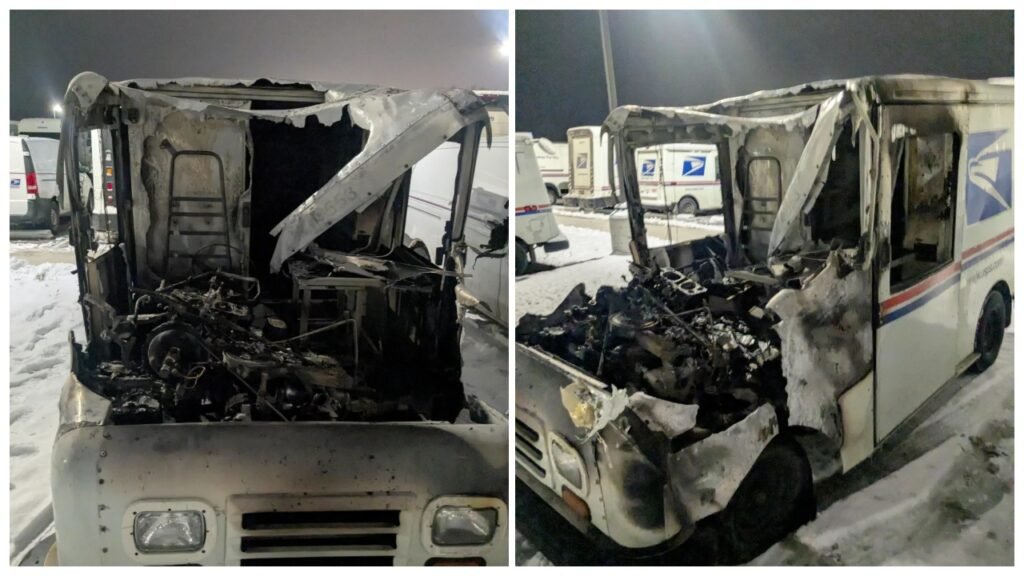 Two images of a burnt postal delivery vehicle, displaying significant fire damage to the front and engine area. The vehicle is parked in a snowy environment, indicating a nighttime setting.