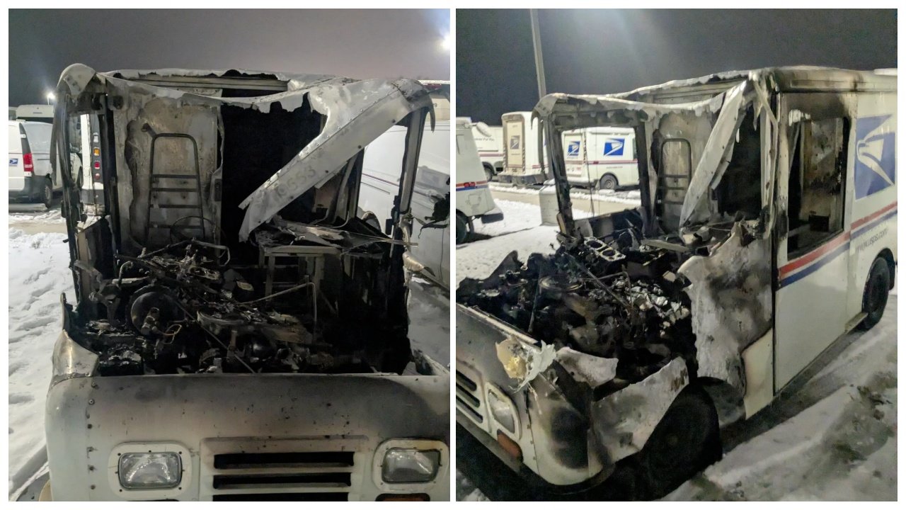 Two images of a burnt postal delivery vehicle, displaying significant fire damage to the front and engine area. The vehicle is parked in a snowy environment, indicating a nighttime setting.