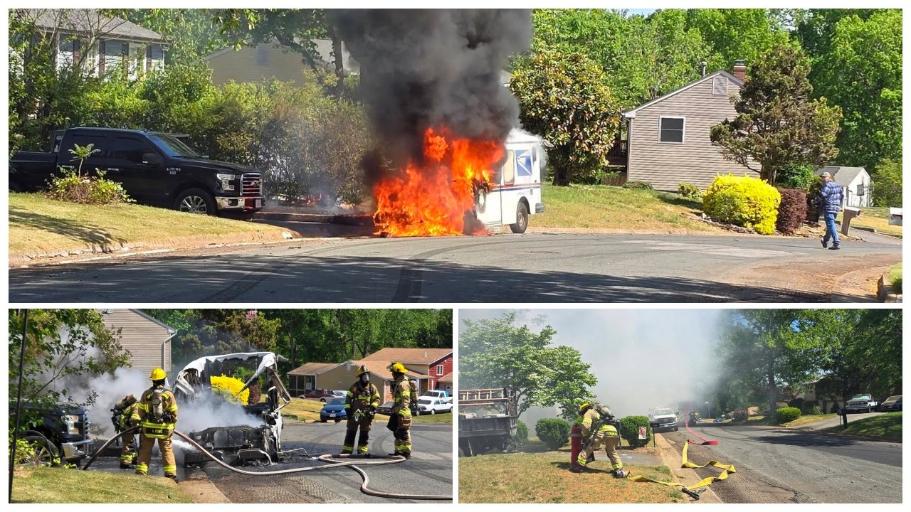A collage of images showing a burning delivery truck on a residential street, with thick black smoke rising. Firefighters are actively responding, using hoses to extinguish the flames. Nearby vehicles and houses are visible in the background.