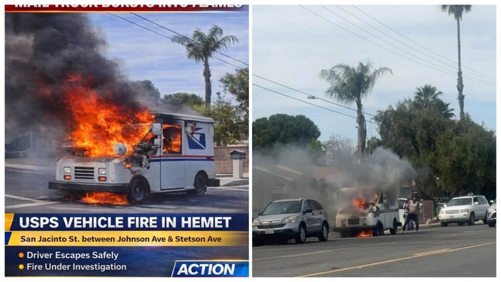A USPS delivery vehicle on fire on a street in Hemet, California, with flames and smoke billowing from the front. Nearby vehicles are parked, and palm trees are visible in the background. A text overlay indicates the fire is under investigation.