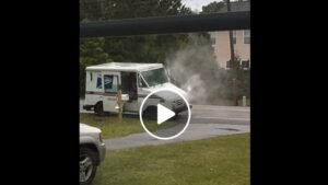 A U.S. Postal Service delivery truck is seen parked on a road with smoke billowing from the front hood. The background features a grassy area and scattered trees, while a vehicle is partially visible in the foreground.