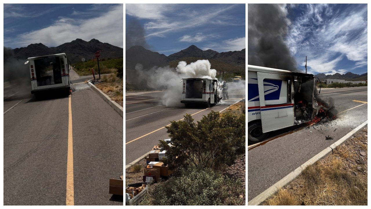 Three images showing a U.S. Postal Service delivery truck on a road. The first image shows smoke trailing from the vehicle, while the second captures a thicker plume of smoke. The third image features the rear of the truck engulfed in flames and smoke.