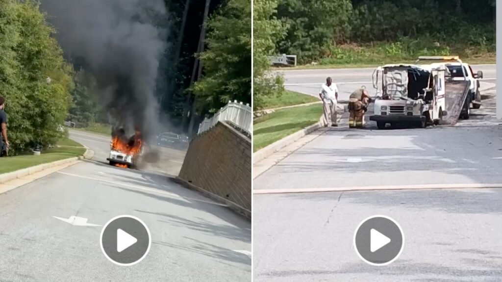 On the left, a vehicle is engulfed in flames, emitting thick black smoke on a street lined with trees. On the right, a group of people is gathered around another vehicle, which appears to be opened up for examination, on a nearby road.