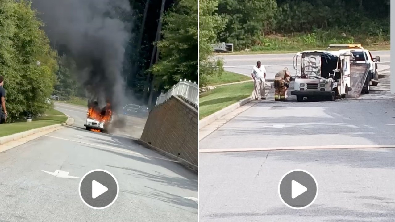 On the left, a vehicle is engulfed in flames, emitting thick black smoke on a street lined with trees. On the right, a group of people is gathered around another vehicle, which appears to be opened up for examination, on a nearby road.