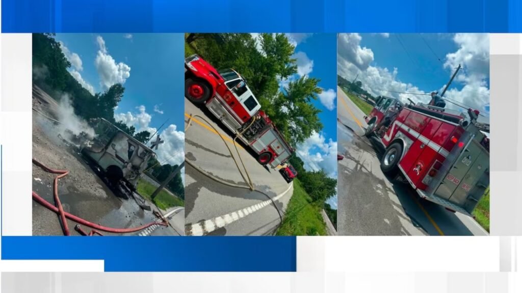 A series of three images show a fire truck on a highway responding to a fire. Smoke rises from a charred vehicle on the roadside, with fire hoses laid out. The background features trees and blue sky with clouds.