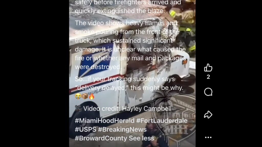 A burned mail truck with heavy smoke and flames near the front, shown in a TikTok-style video on a phone screen.