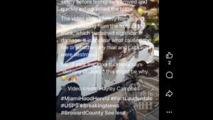 A burned mail truck with heavy smoke and flames near the front, shown in a TikTok-style video on a phone screen.