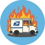 A USPS delivery truck is surrounded by flames on a blue circular background.