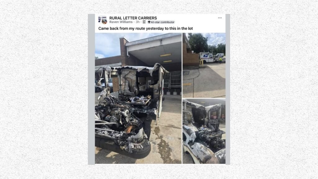 A burned mail truck parked in a lot, shown in a social media post with two smaller photos of the damaged vehicle.