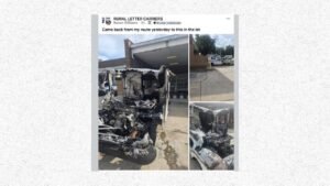 A burned mail truck parked in a lot, shown in a social media post with two smaller photos of the damaged vehicle.