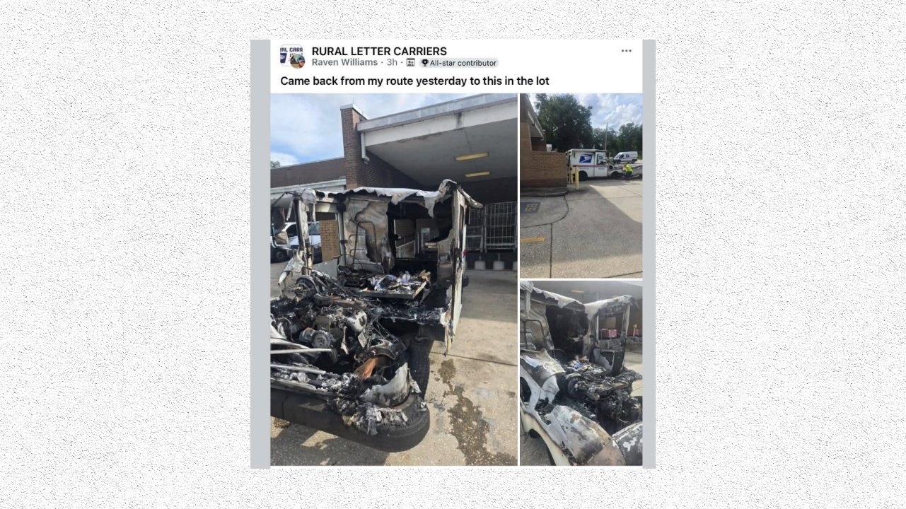 A burned mail truck parked in a lot, shown in a social media post with two smaller photos of the damaged vehicle.