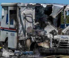 Mail truck on fire pulls off Everett Turnpike in Nashua,NH, gutted by flames