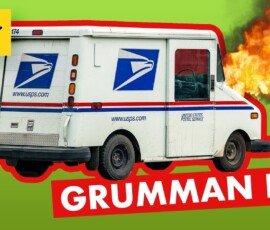 A Grumman LLV mail truck with flames coming from the rear, set against a bright green background. The vehicle is marked with the United States Postal Service logo and includes the text 'GRUMMAN LLV' in bold red.