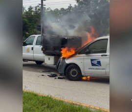 Postal van catches fire after two-vehicle crash in Sebring, FL